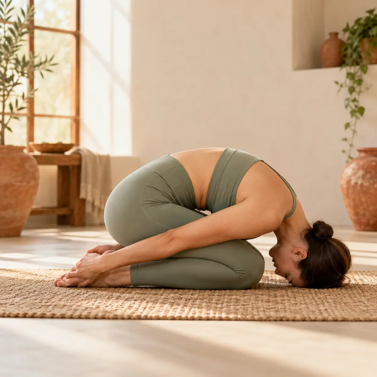 Rabbit Pose demonstrated on a mat